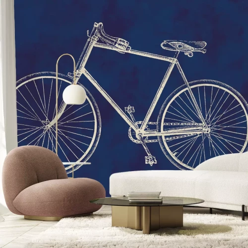 Fotobehang Retro fietsschets op blauwe achtergrond