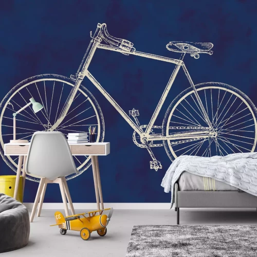 Fotobehang Retro fietsschets op blauwe achtergrond