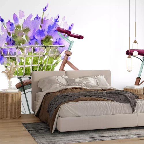 Fotobehang Een beschilderde fiets met een rieten mand vol heide