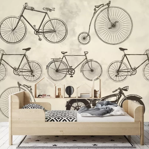 Fotobehang Vintage motorfietsen en retrofietsen op een grijs oppervlak