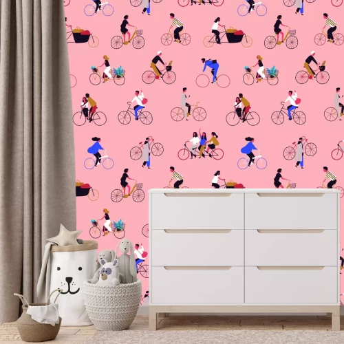 Fotobehang Een groep vrouwen en mannen op fietsen