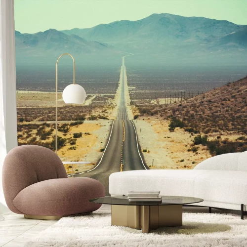 Fotobehang Een asfaltweg die door het woestijngroen snijdt