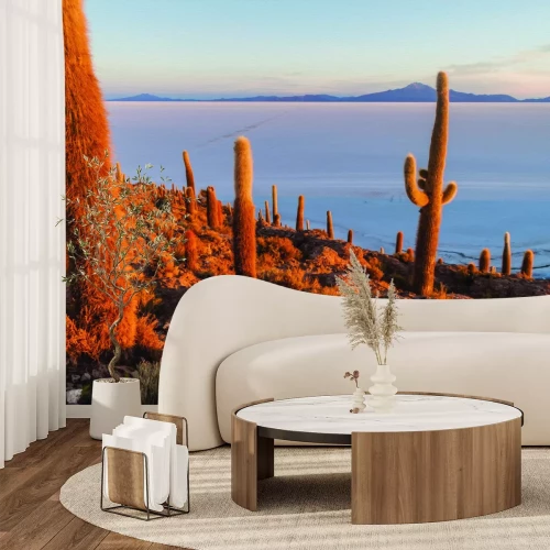 Fotobehang Groene cactussen tegen de achtergrond van woestijnheuvels