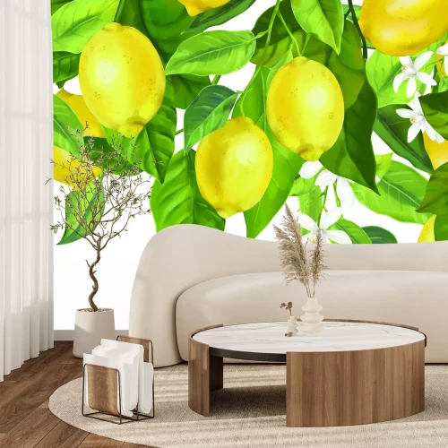 Fotobehang Citroenboom met bladeren en witte bloemen