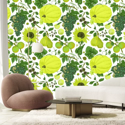 Fotobehang Pompoenen omringd door druiven en zonnebloemen