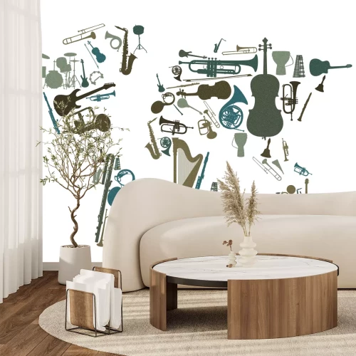 Fotobehang Wereldkaart gemaakt van muziekinstrumenten