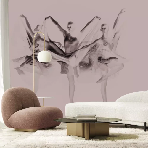 Fotobehang Een groep gymnasten tegen de achtergrond van een zwart podium