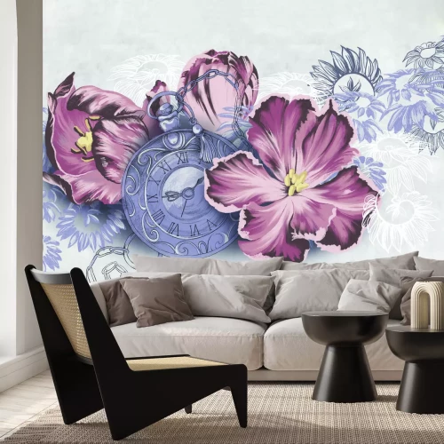 Fotobehang Een antieke klok omringd door roze bloemen