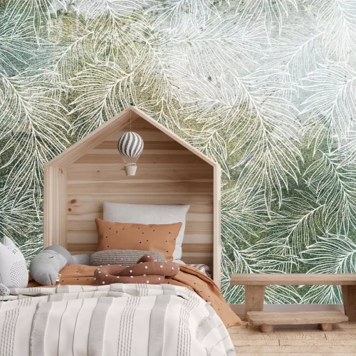 Fotobehang Een delicate witte omtrek van bladeren op een groene achtergrond