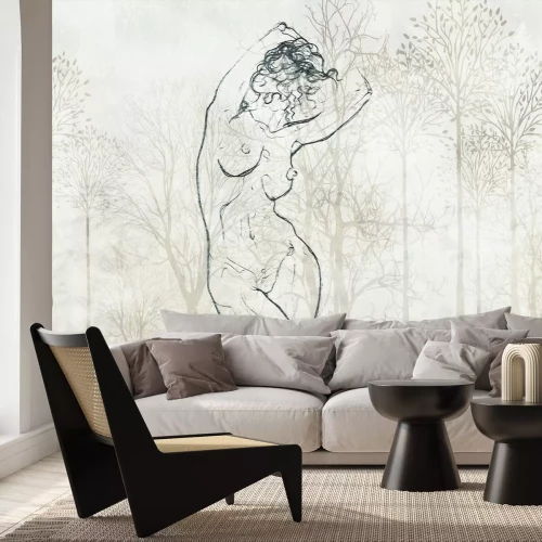 Fotobehang Een vrouw in een natuurlijke bosomgeving