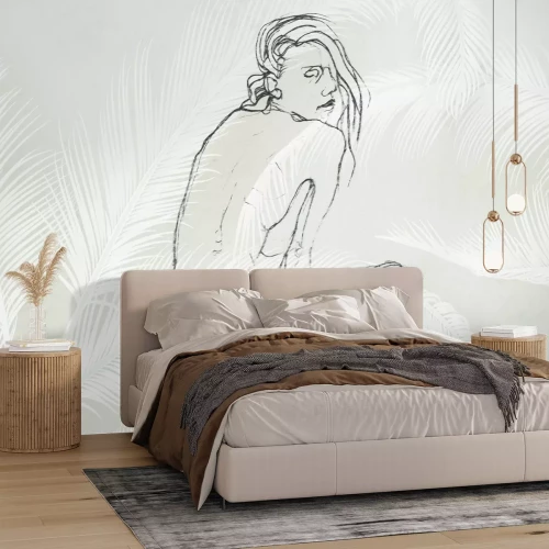 Fotobehang Een tekening van een vrouwenfiguur omringd door palmbladeren.