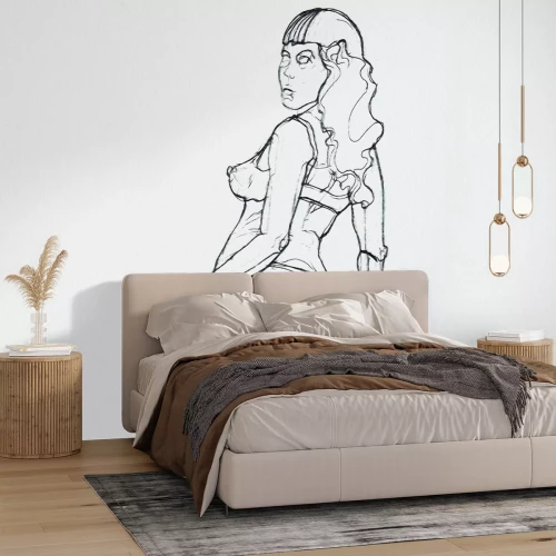 Fotobehang Fijne lijntekening van een vrouw op een lichte achtergrond