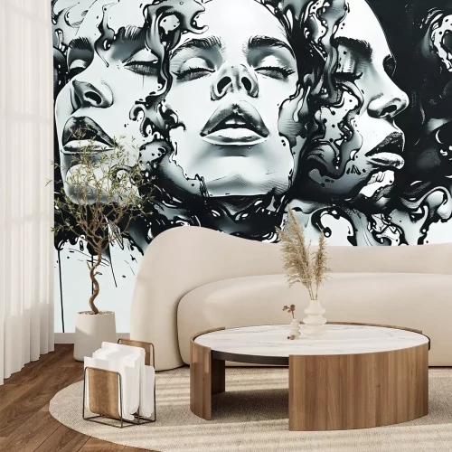 Fotobehang Een minimalistische muurschildering met een portret van een vrouw