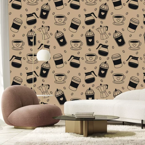 Fotobehang Decoratief koffieboonmotief met kopjes