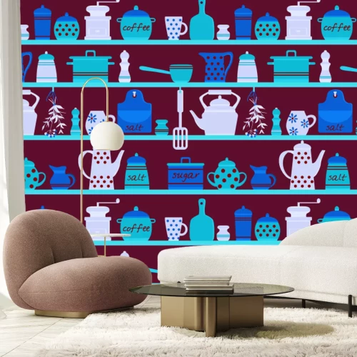 Fotobehang Charmante planken met porseleinen kannen en koffie