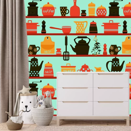 Fotobehang Charmante planken met porseleinen kannen en koffie