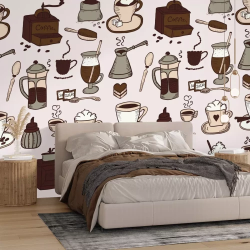Fotobehang Patroon met kopjes en koffiemolens