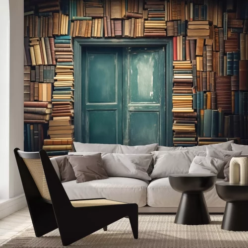 Fotobehang Rustieke deur aan een muur vol boeken