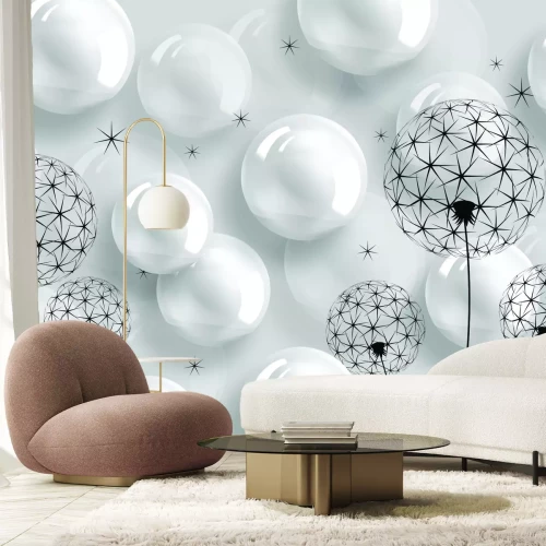 Fotobehang Paardenbloemen omringd door witte ballonnen