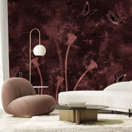 Fotobehang Een windvlaag met paardenbloemen en vlinders