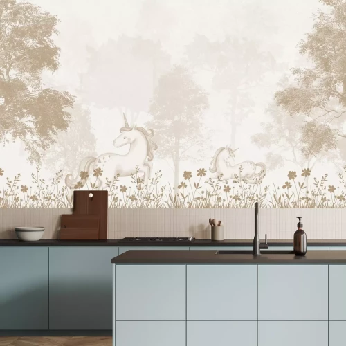 Fotobehang Magisch bos met eenhoorns en bloemen