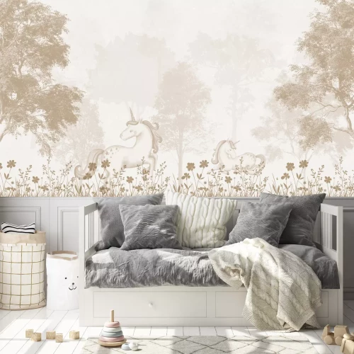 Fotobehang Magisch bos met eenhoorns en bloemen