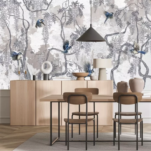 Fotobehang Bloemenbomen met vogels op beton