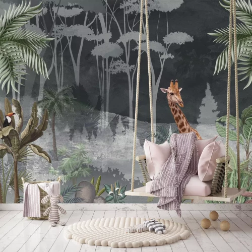 Fotobehang Giraf in een tropische jungle tussen palmbomen