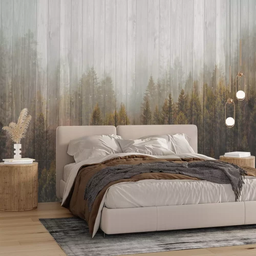 Fotobehang Naaldbos op houten planken