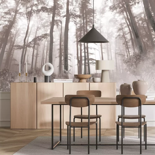 Fotobehang Boslandschap in de ochtendmist