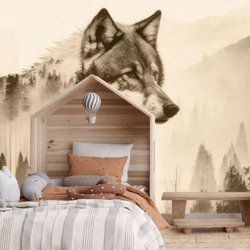 Fotobehang Abstract silhouet van een wolf en een boom