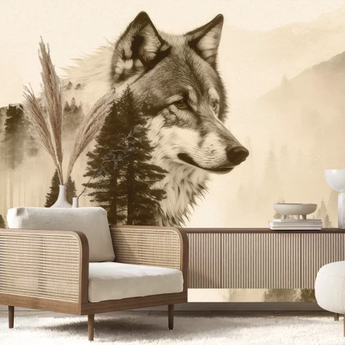 Fotobehang Abstract silhouet van een wolf en een boom