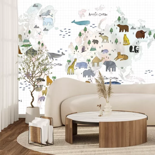 Fotobehang Wereldkaart voor kinderen met dierenillustraties