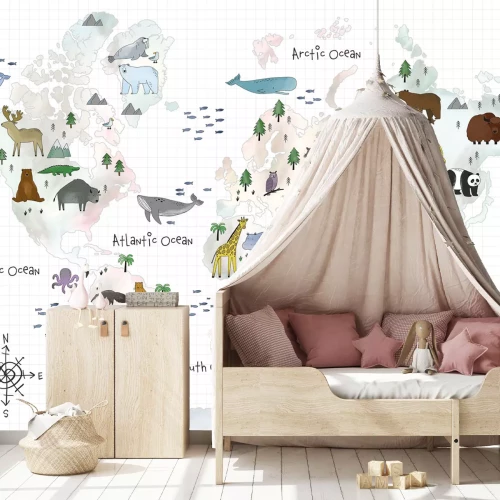 Fotobehang Wereldkaart voor kinderen met dierenillustraties