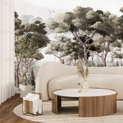 Fotobehang Een bos met weelderige vegetatie en struiken