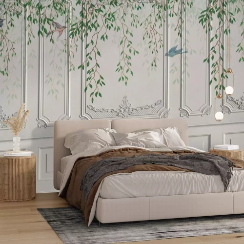 Fotobehang Decoratieve muur met vogels en planten