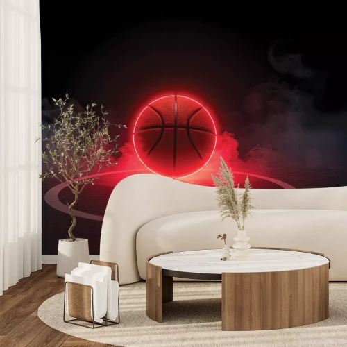 Fotobehang Een neon basketbal in een lichtgevende mist
