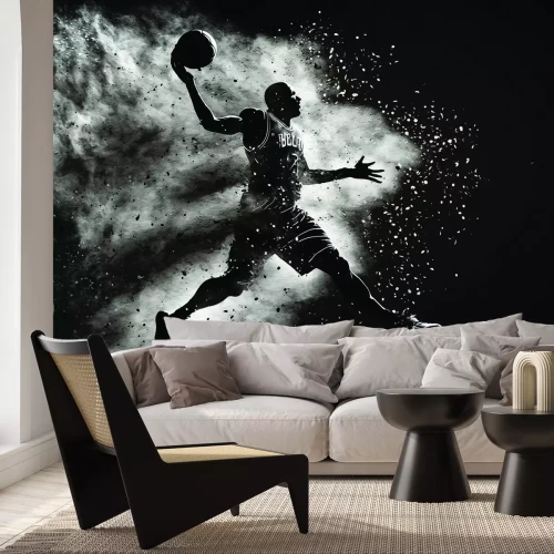 Fotobehang Zwart-witfoto van een basketballer met een bal