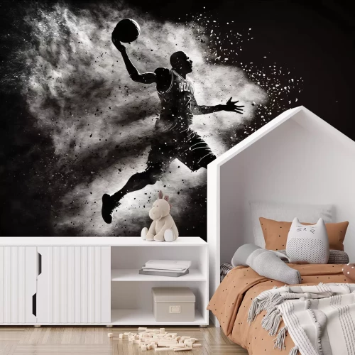 Fotobehang Zwart-witfoto van een basketballer met een bal