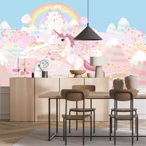 Fotobehang Een sprookjesachtige eenhoorn met een kasteel en een regenboog op de achtergrond