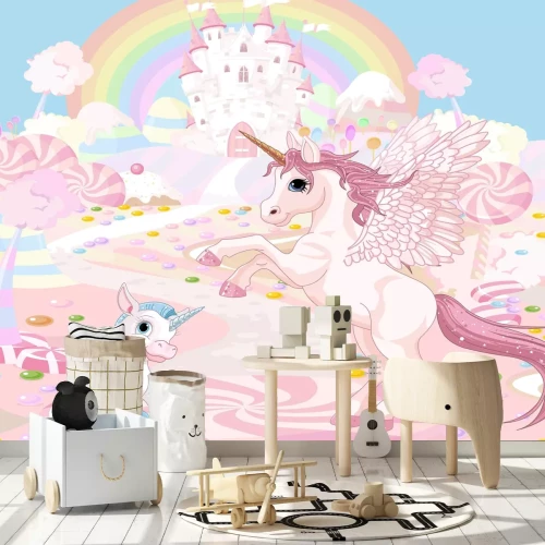 Fotobehang Een sprookjesachtige eenhoorn met een kasteel en een regenboog op de achtergrond