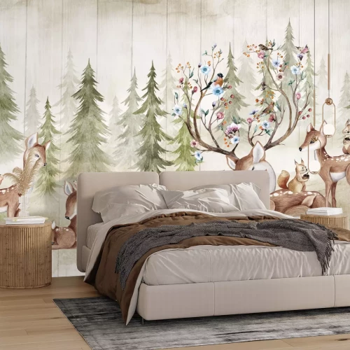 Fotobehang Een ree met bloemengewei tegen een bosachtergrond