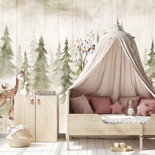 Fotobehang Een ree met bloemengewei tegen een bosachtergrond