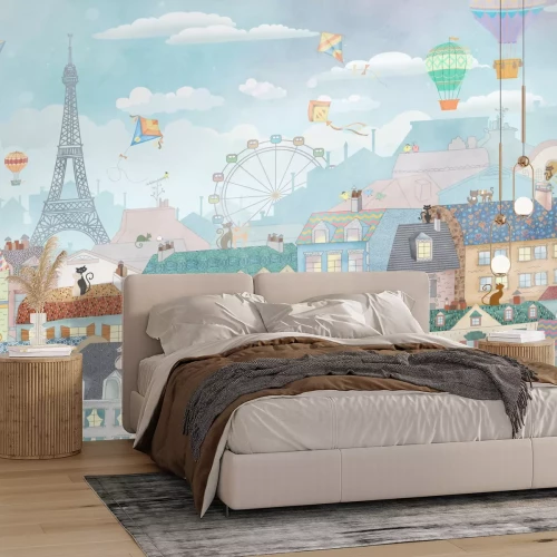Fotobehang Een sprookjesstad met de Eiffeltoren en ballonnen