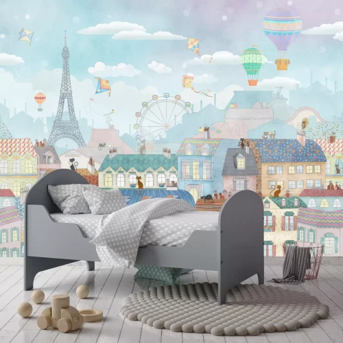 Fotobehang Een sprookjesstad met de Eiffeltoren en ballonnen