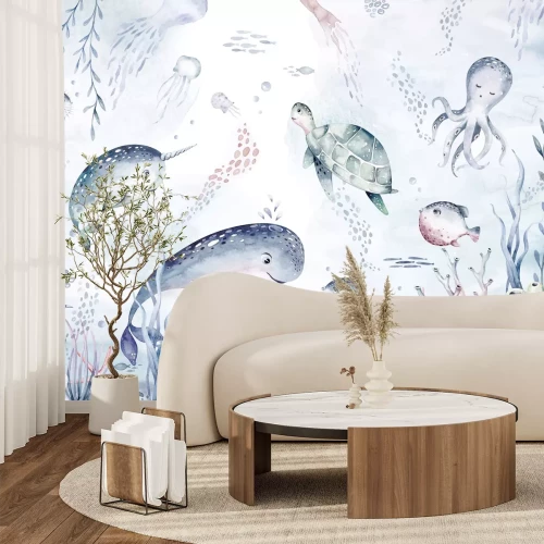 Fotobehang Onderwaterwereld met schildpad en vis