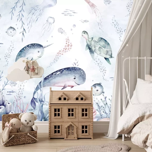 Fotobehang Onderwaterwereld met schildpad en vis