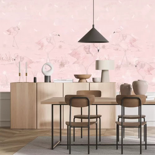 Fotobehang Roze flamingo&#39;s in een open plek met libellen