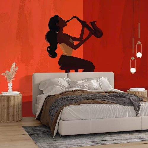 Fotobehang Muzikaal portret van een vrouw die saxofoon speelt