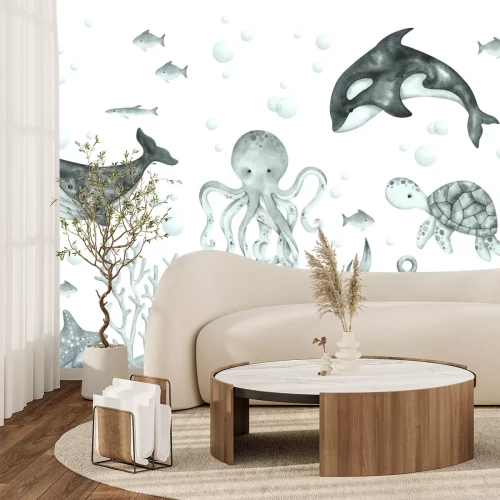 Fotobehang Illustratie van een walvis en een octopus in zwart-wit